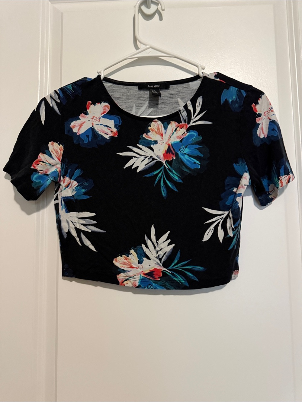 Forever 21 Black Floral Crop Top with Blue, White and Coral Accents